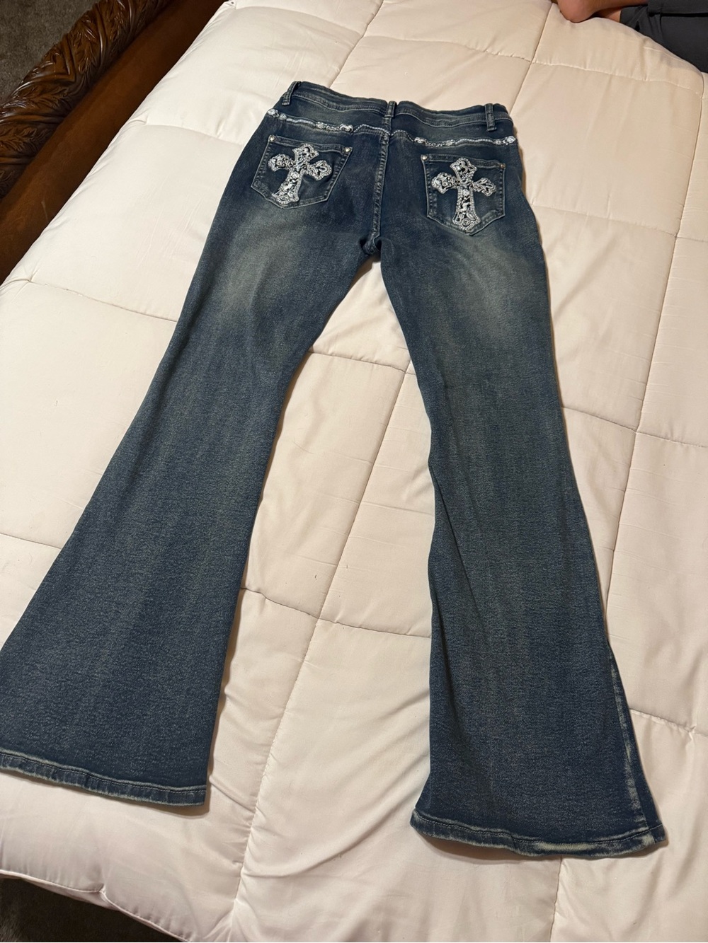 Women's Dark Blue Embroidered Cross Flare Jeans